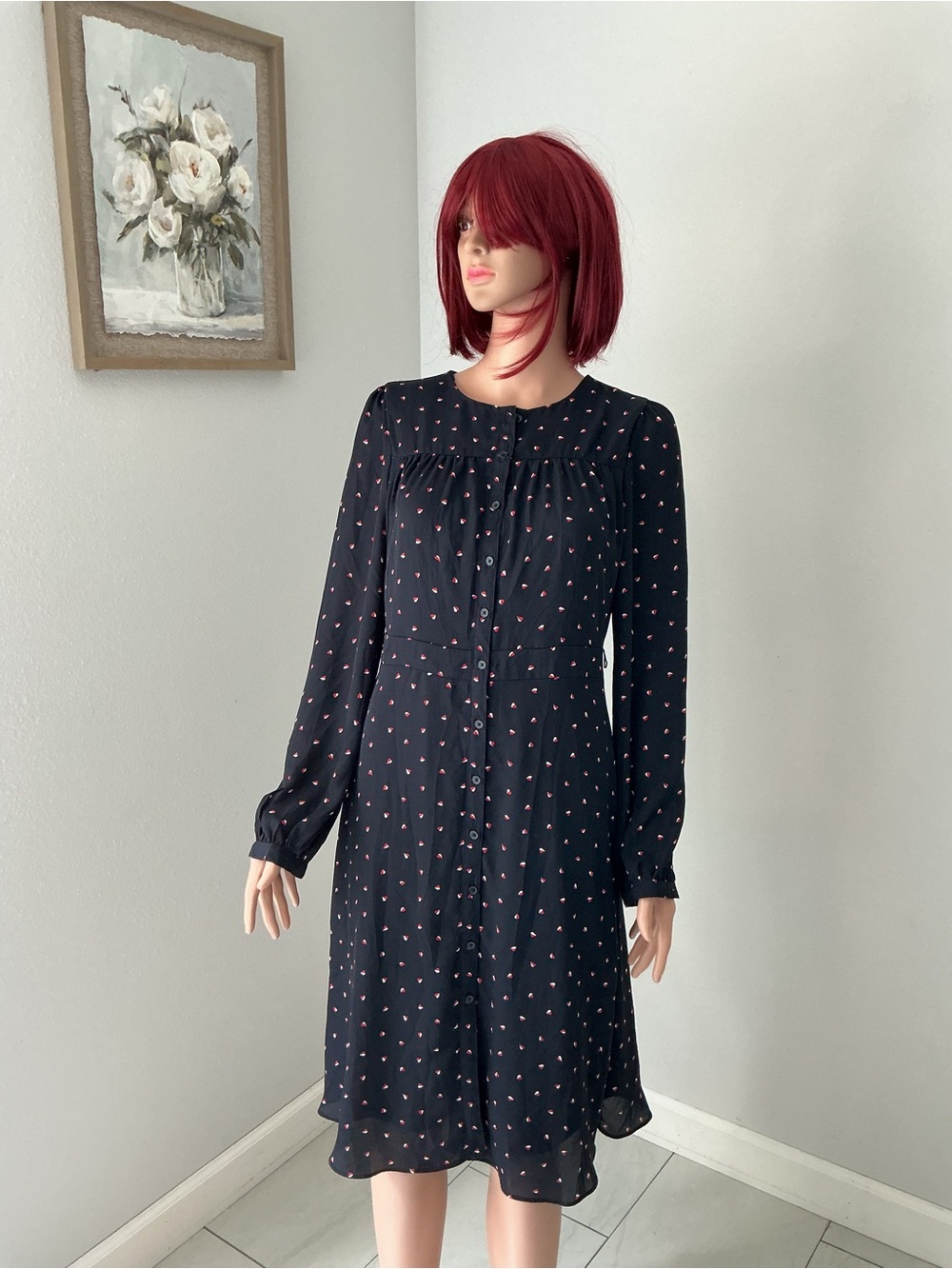 Banana Republic Black Long-Sleeve Button-Front Dress with Pink Dot Print